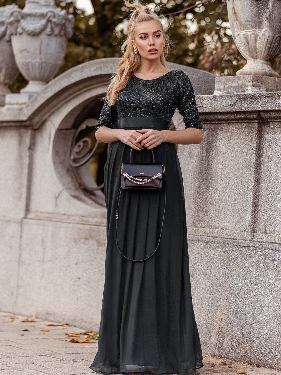 Elegant Round Neckline Sequins Patchwork Dress