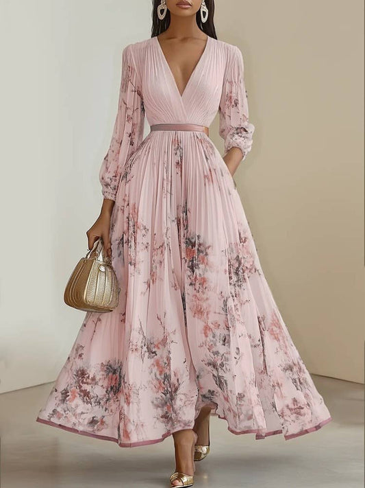 V-neck Long-Sleeve Pleated Maxi Dress with Floral Print