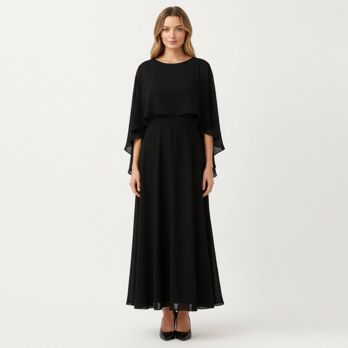 Flowing Chiffon Capelet Top with Layered Draped Sleeves Soft Sheer Overlay and Elegant Silhouette 19in