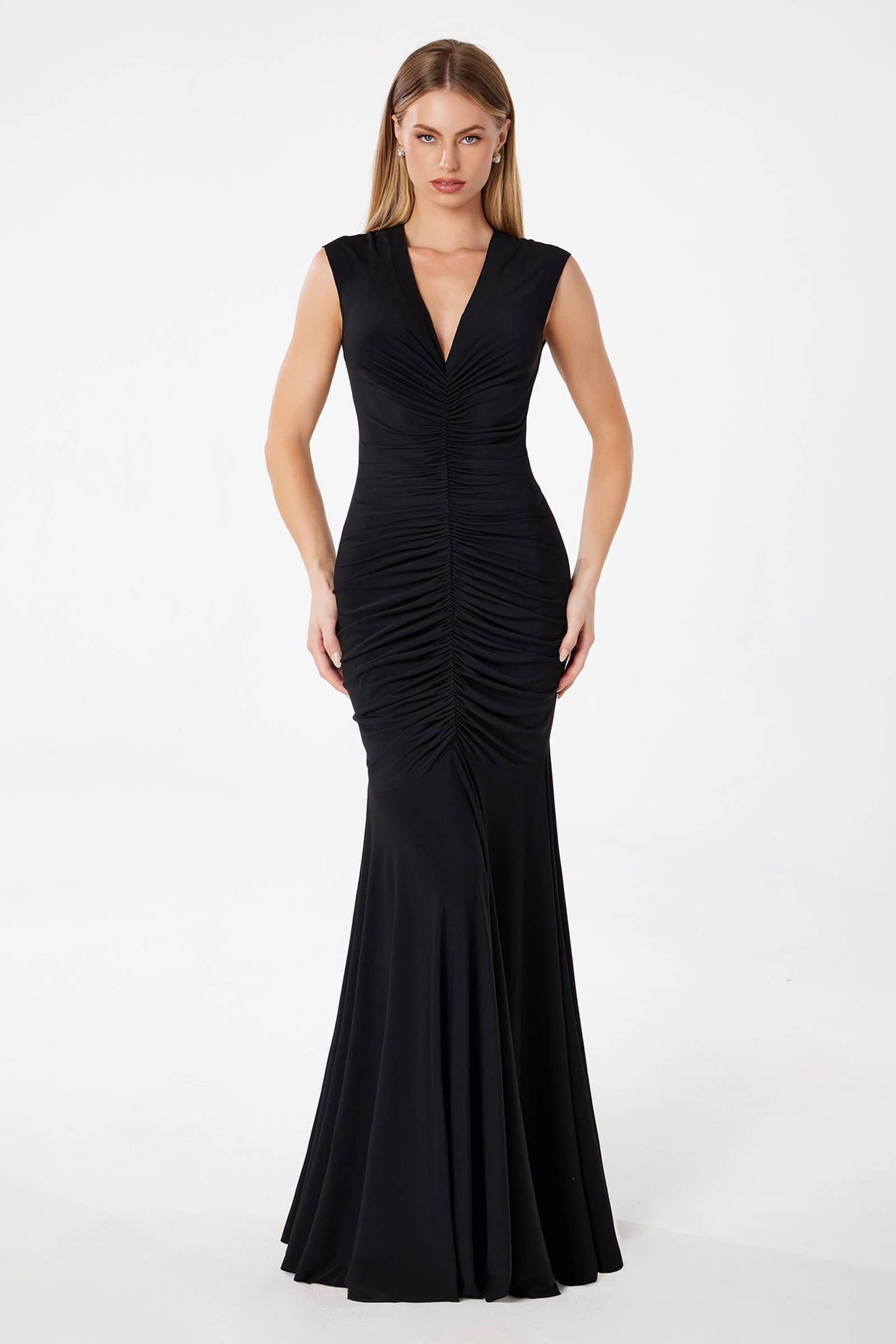 RUCHED FITTED CAP SLEEVE GOWN WITH V-NECKLINE