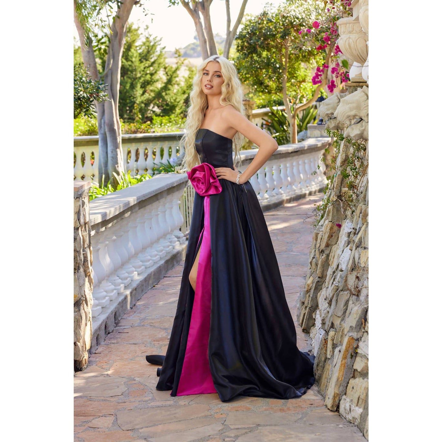 1 STRAPLESS MOONLIGHT ORGANZA GOWN WITH OVERSIZED ROSETTE DETA