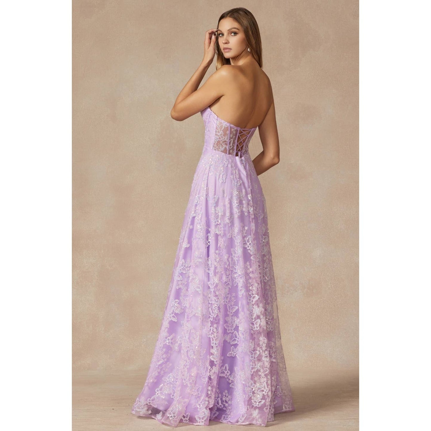 BUTTERFLY GLITTER EMBROIDERED GOWN WITH CORSET TOP