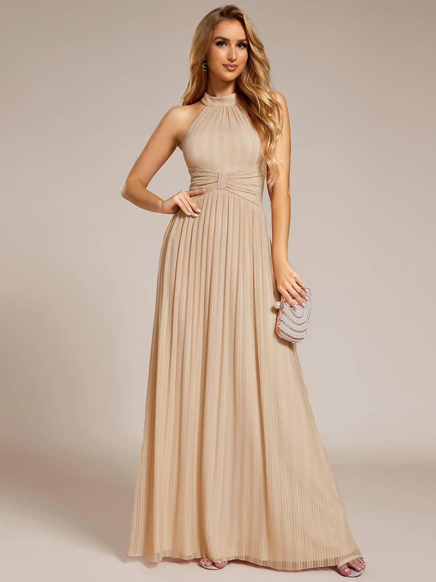 Glittery Halter Neck Pleated Formal Evening Dress