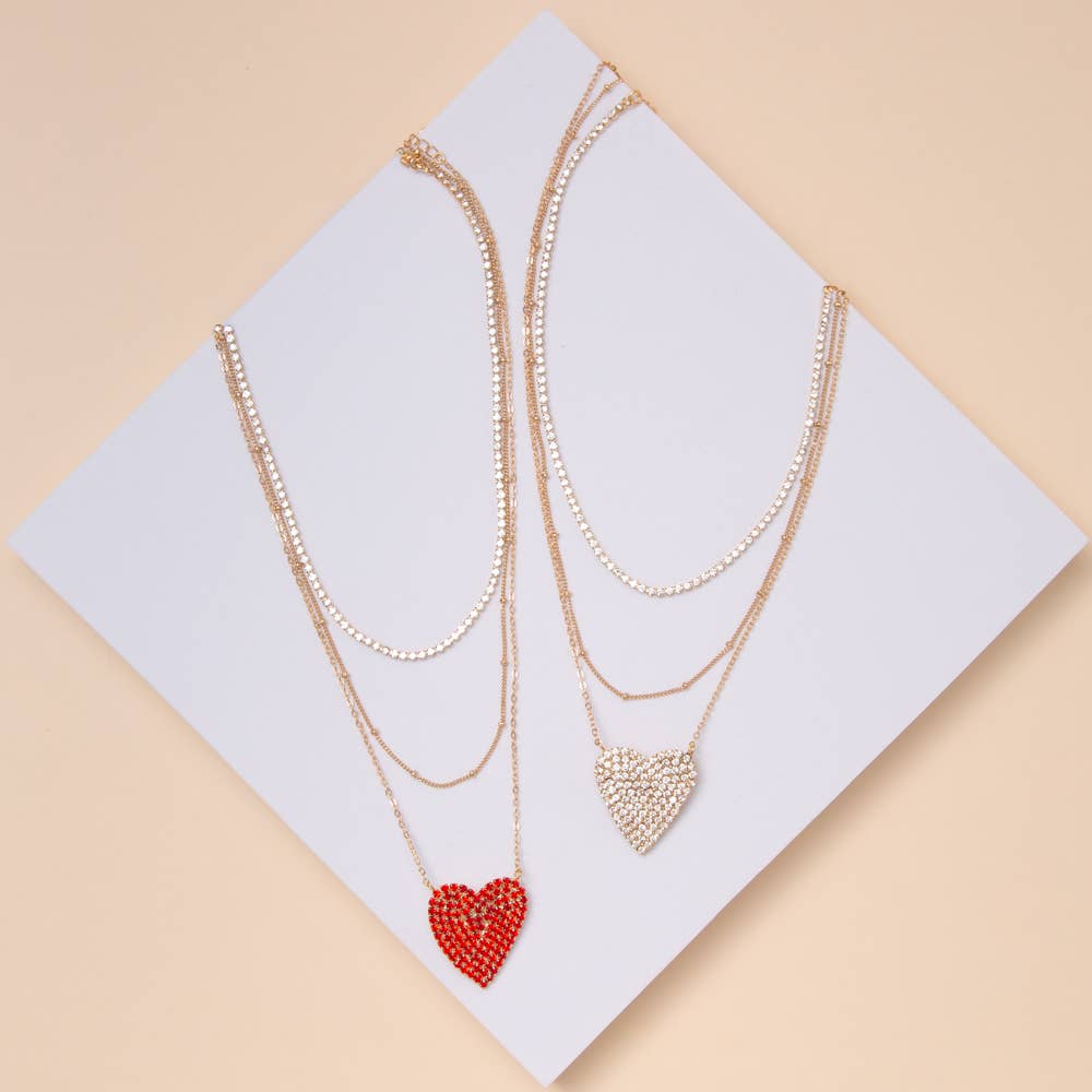 Layered Heart Necklace with Rhinestone Heart Pendant