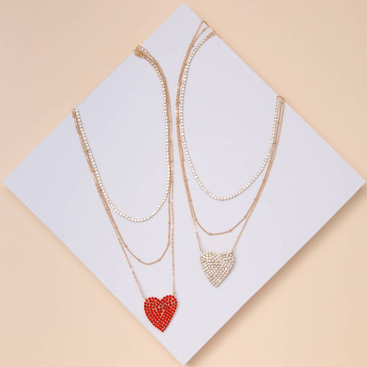 Layered Heart Necklace with Rhinestone Heart Pendant