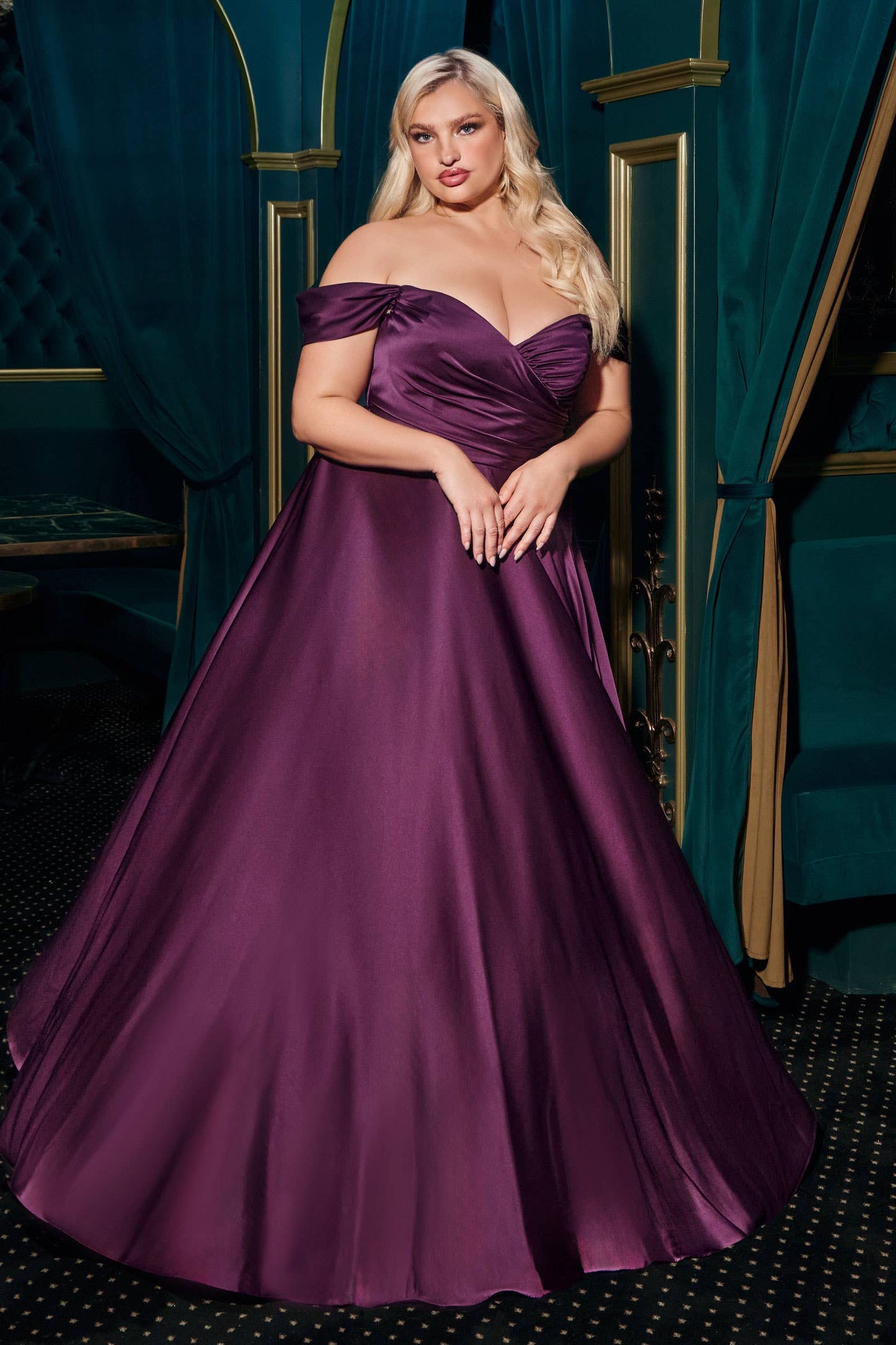 SATIN A-LINE OFF THE SHOULDER DRESS