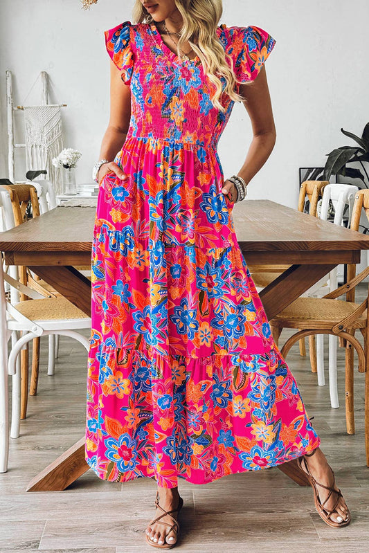 Boho Floral V Neck Ruffle Sleeve Dress