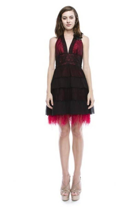 Short Halter Chiffon and Lace Feather Fringe Dress