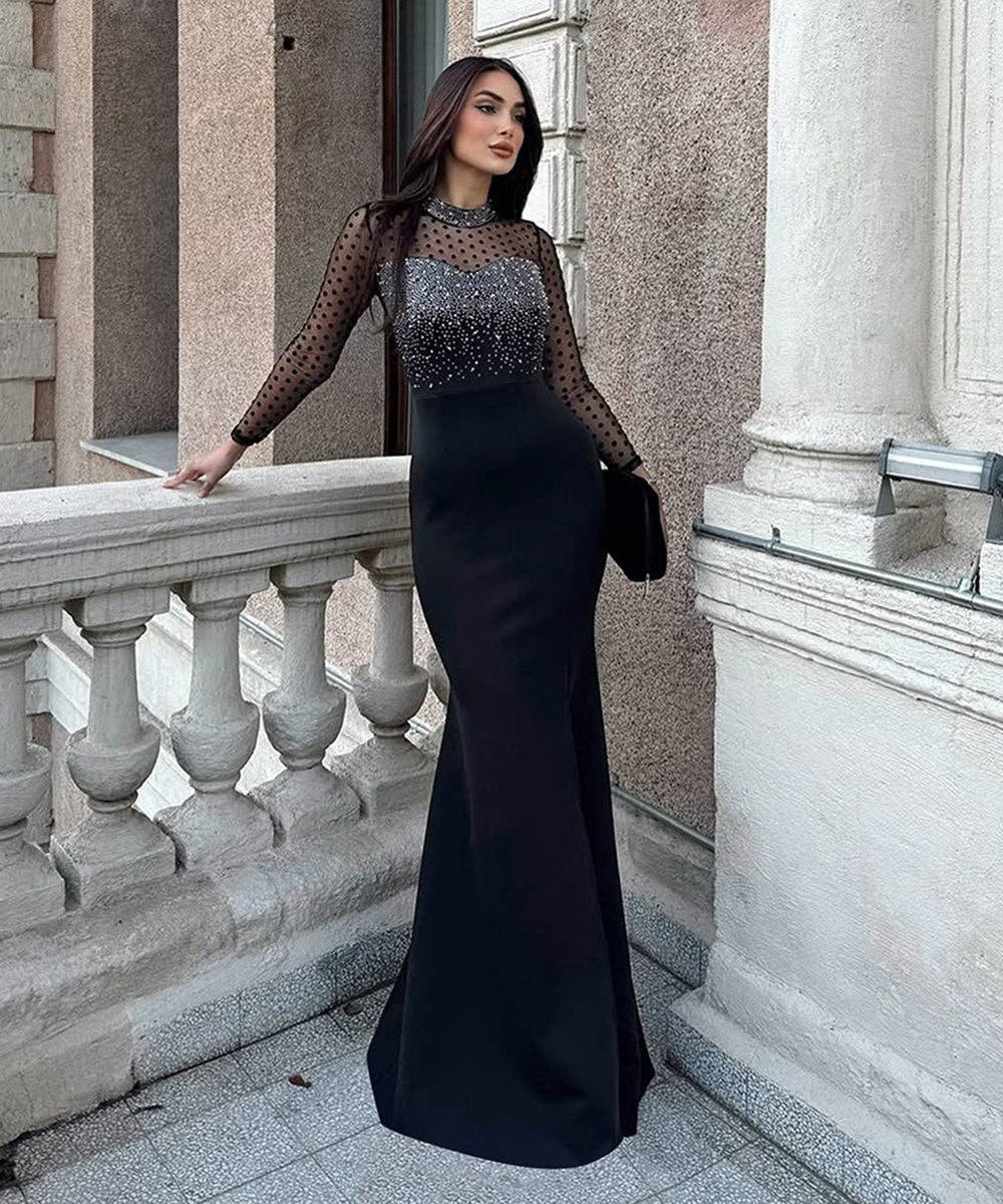 Beaded Mesh Panel Cinched Waist Evening Dress