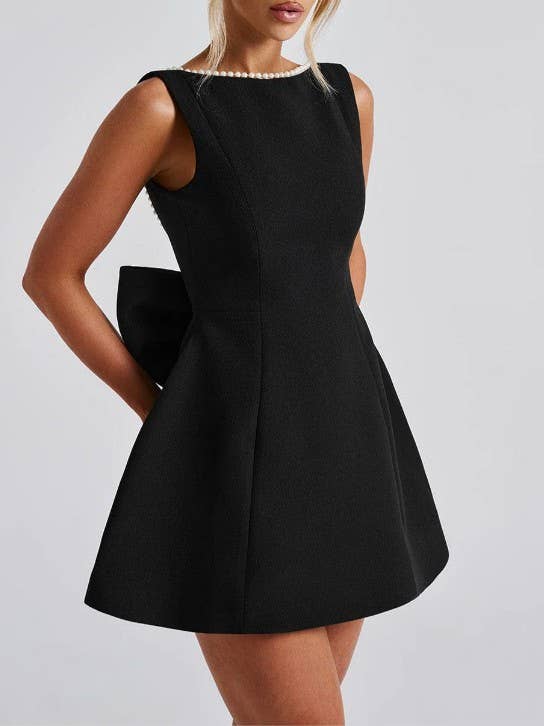 Bow-Back Mini Dress with Pearl Embellishments for Parties