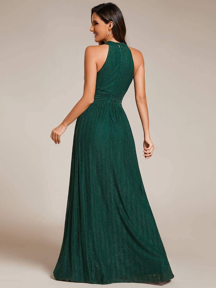 Glittery Halter Neck Pleated Formal Evening Dress
