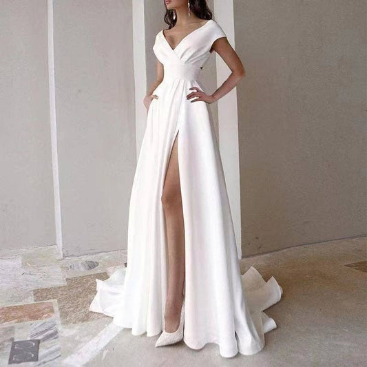 SALE- Pleated Waist Solid Evening Gown