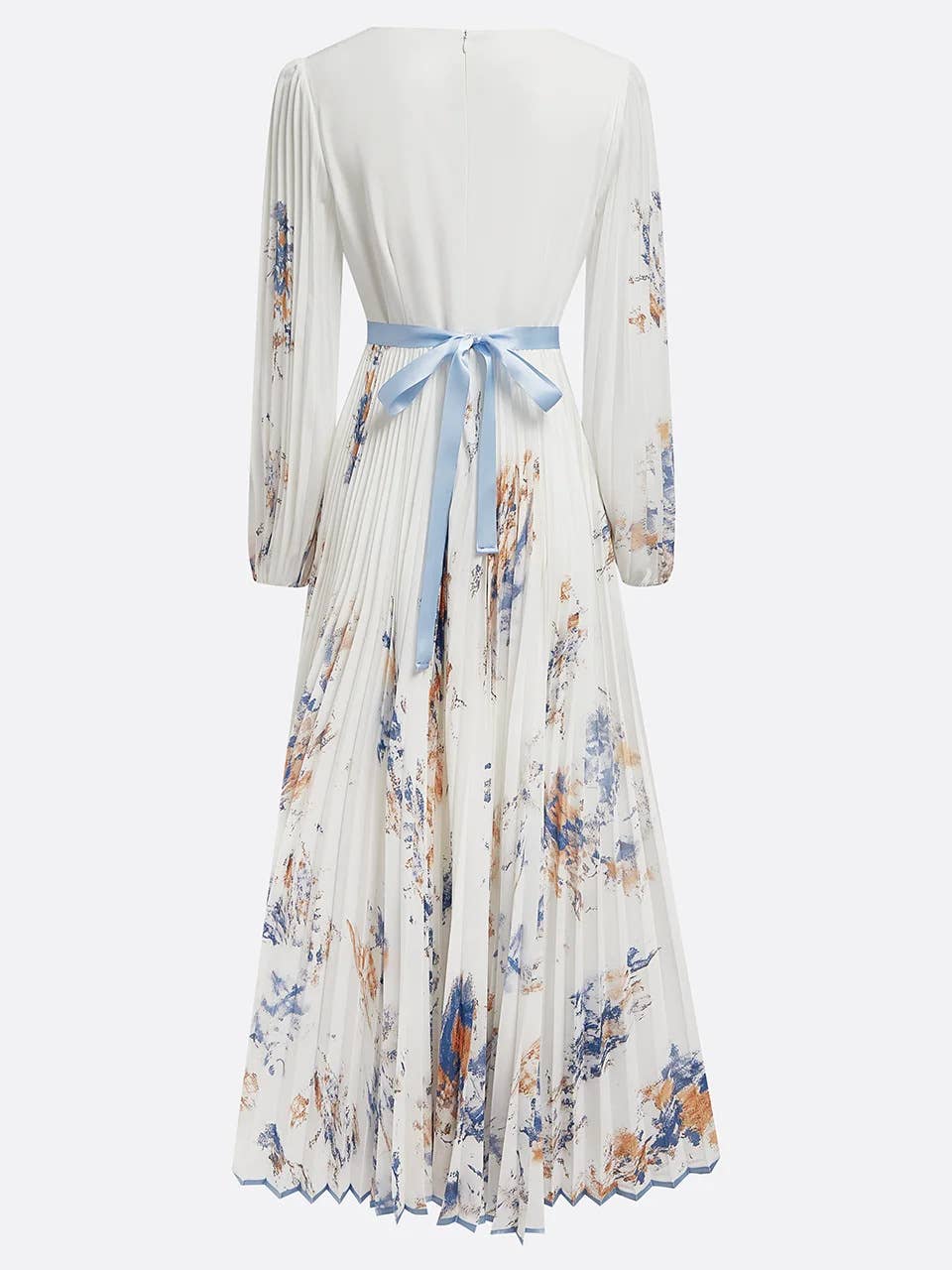 V-neck Long-Sleeve Pleated Maxi Dress with Floral Print