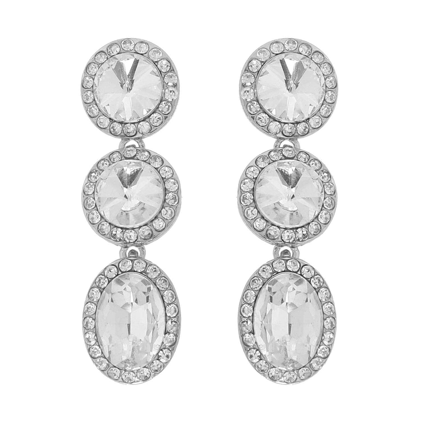 Triple Tier Circle & Oval Rhinestone w/ Halo Dangle Earrings