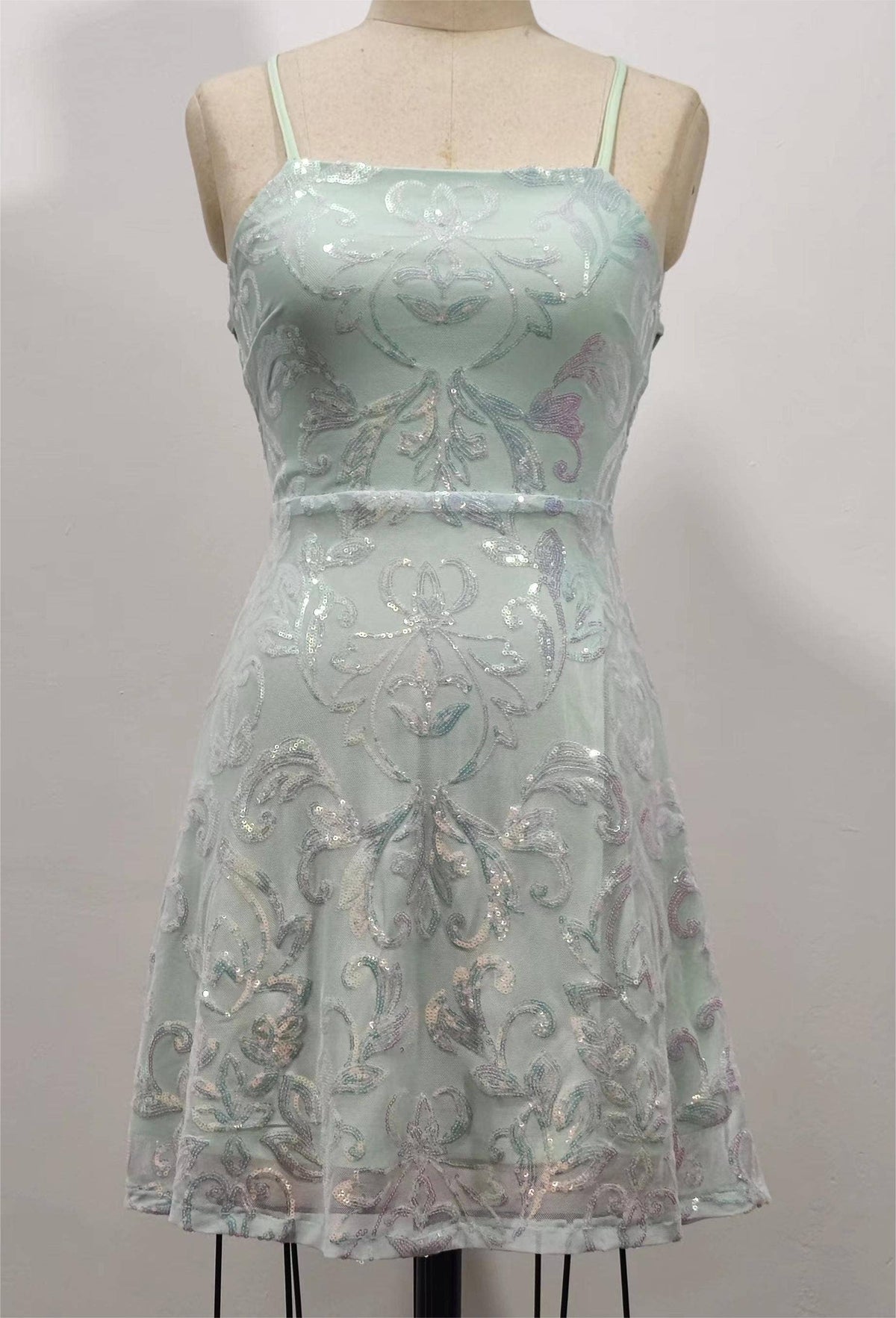 Backless embroidery sequin strap dress