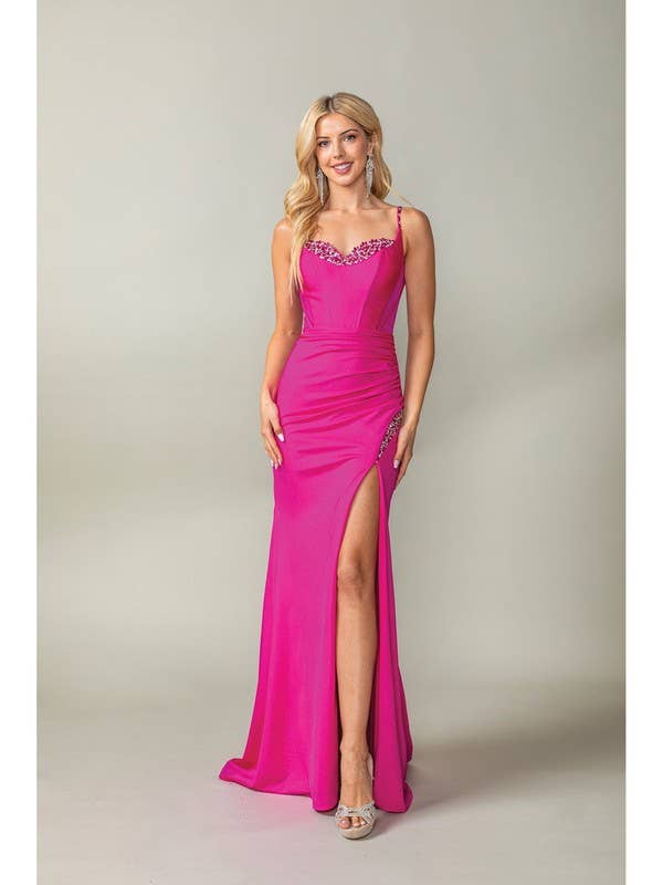 Sheer Beaded Side Slit Prom Dress