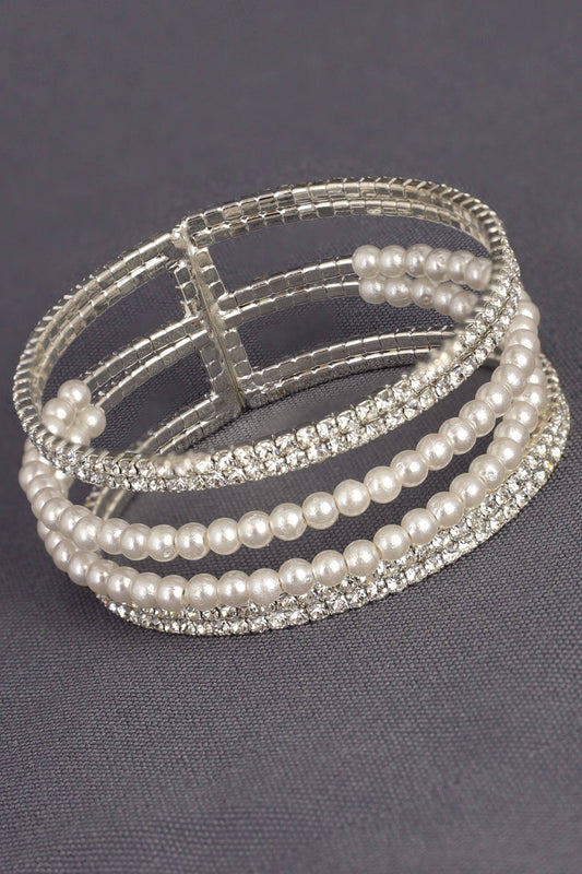 Rhinestone Pave & Pearls Multi Layer Bridal Cuff Bracelet