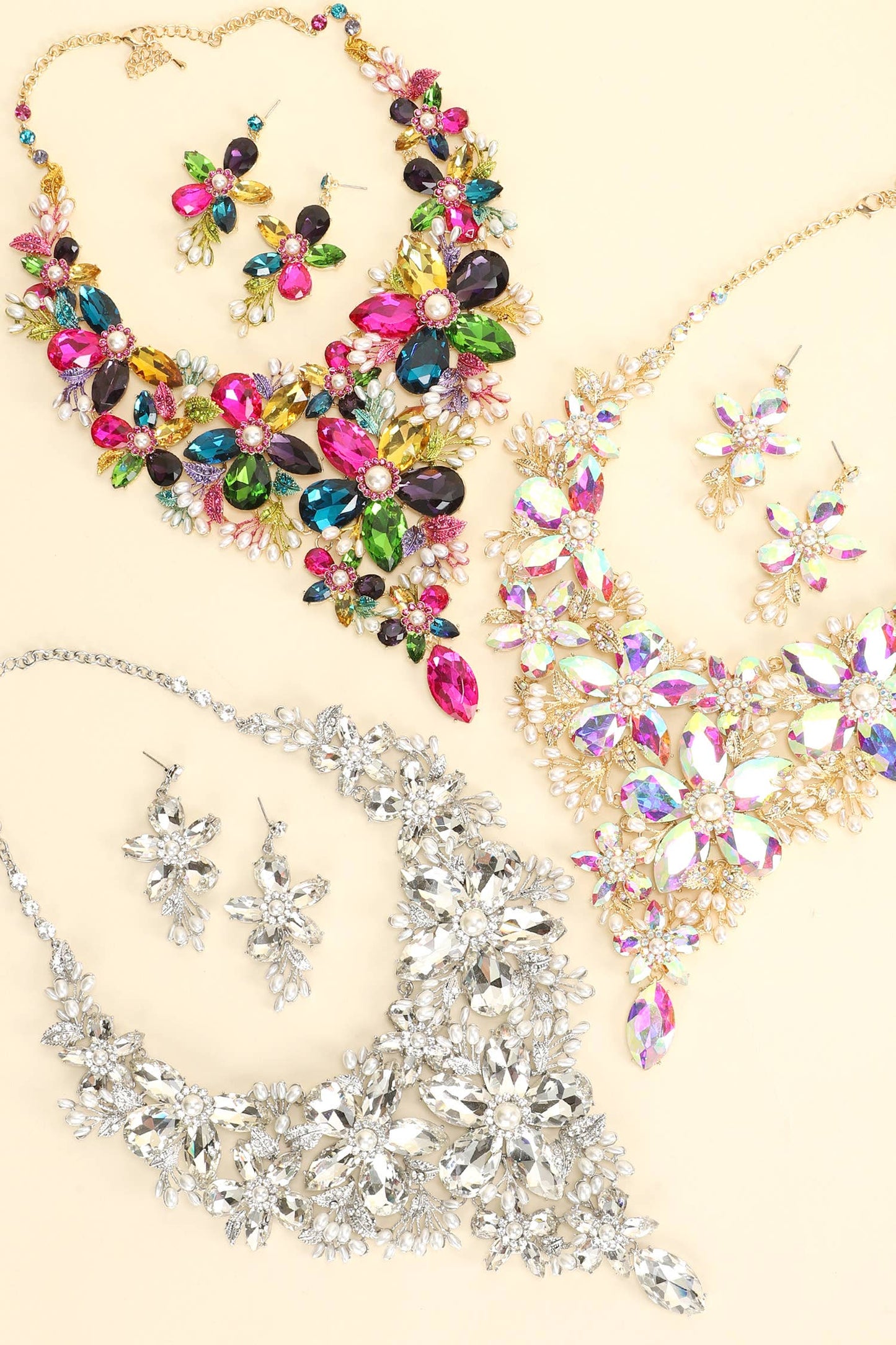 Rhinestone Crystal Pearl Statement Necklace Set