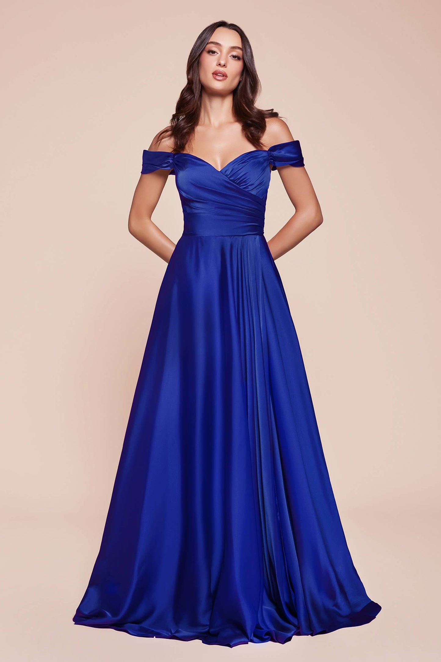 SATIN A-LINE OFF THE SHOULDER DRESS