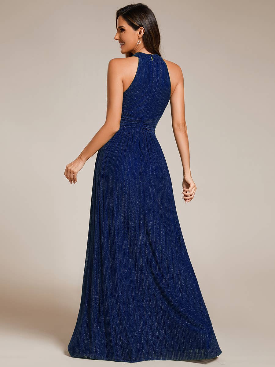 Glittery Halter Neck Pleated Formal Evening Dress