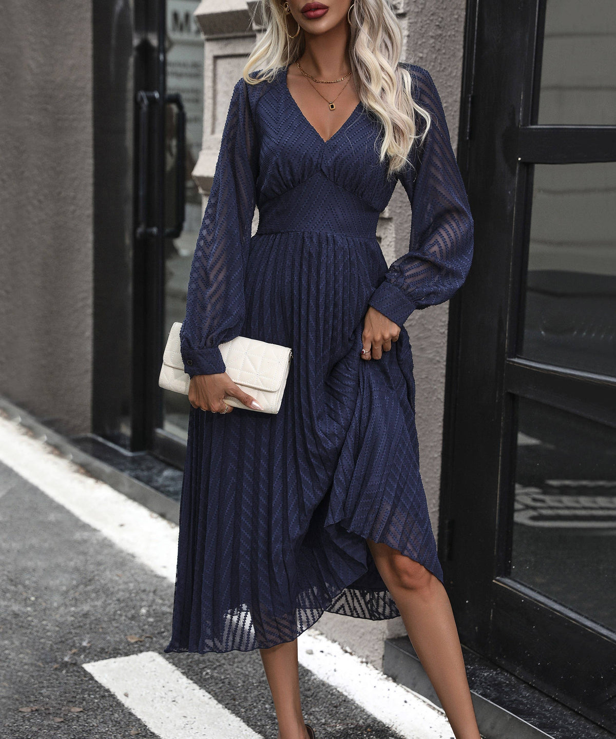 Pleated Long Sleeve V-Neck Midi Dress