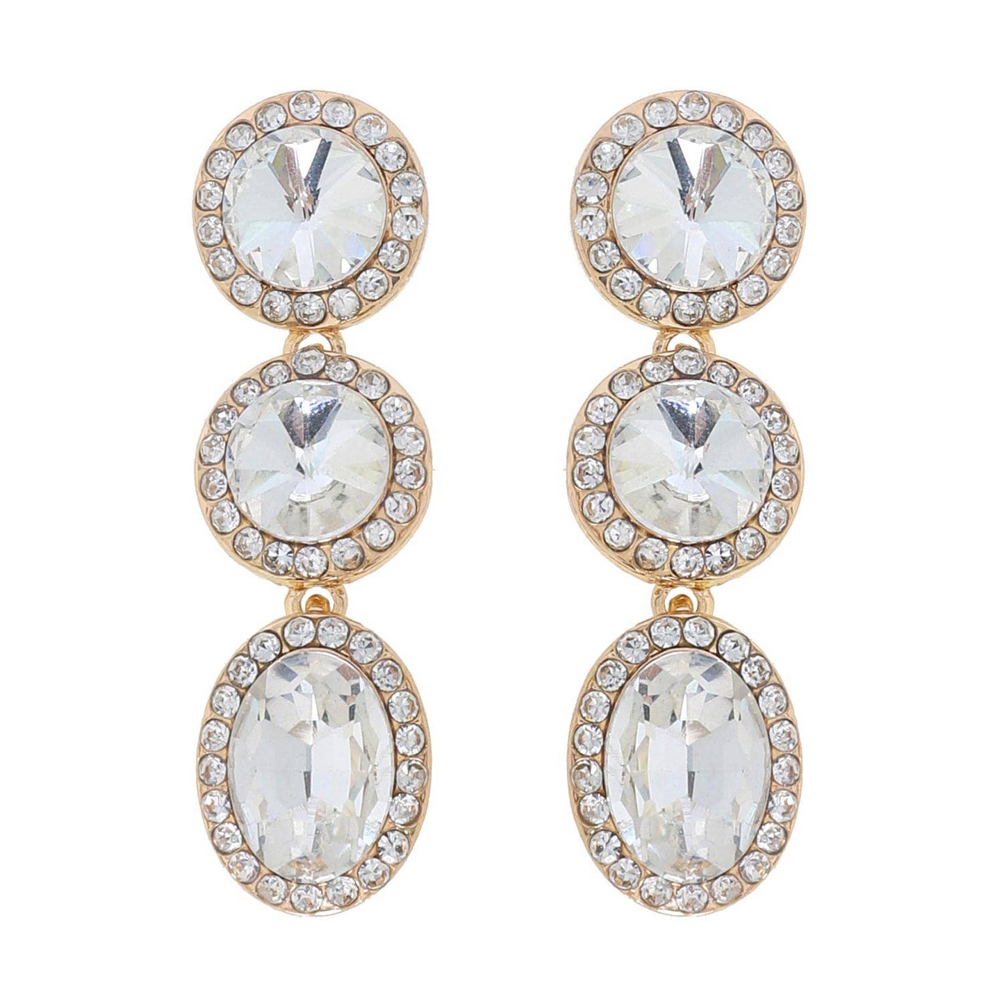 Triple Tier Circle & Oval Rhinestone w/ Halo Dangle Earrings