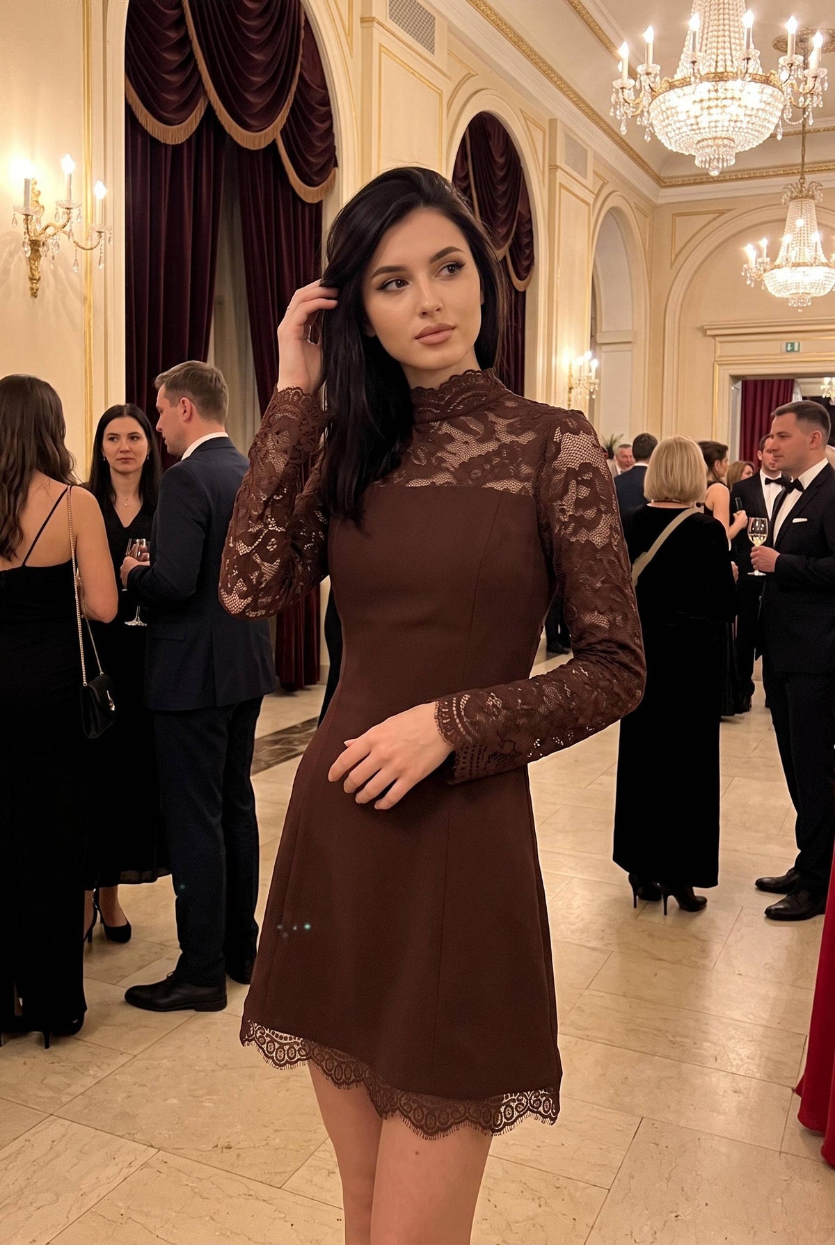 Lace Mock Neck Long Sleeve Open Back Mini Dress