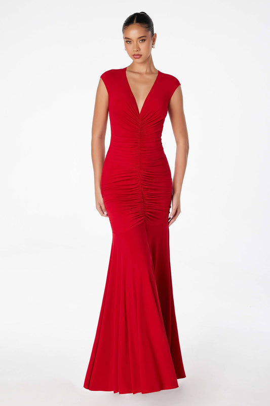 RUCHED FITTED CAP SLEEVE GOWN WITH V-NECKLINE