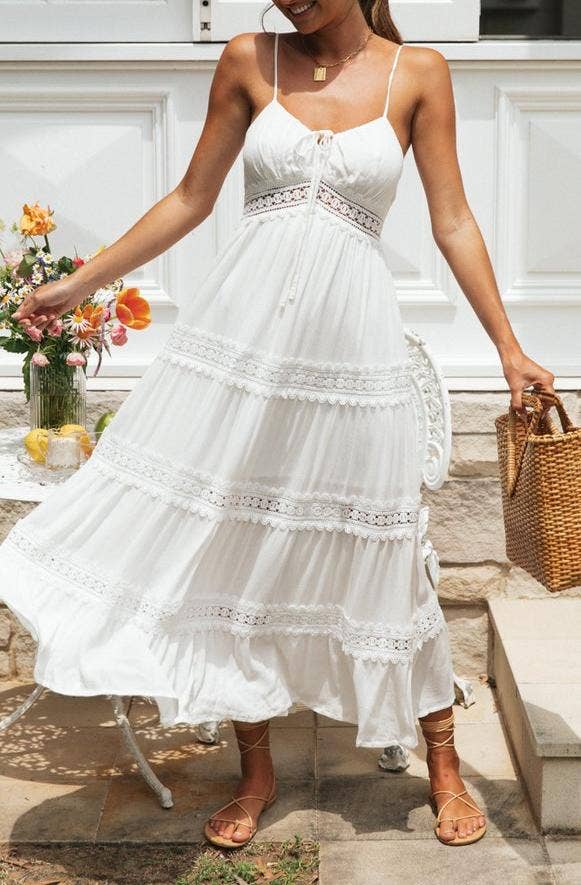 Boho Lace-Trimmed White Maxi Sundress