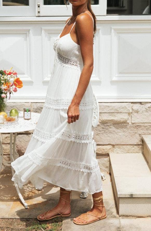 Boho Lace-Trimmed White Maxi Sundress